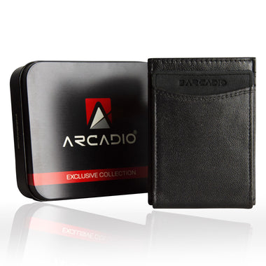 ARCADIO Magneto Money Clip Wallet - Black Leather Bi-Fold RFID Protected Card Holder Slim Magnetic Money Clip Wallet for Men