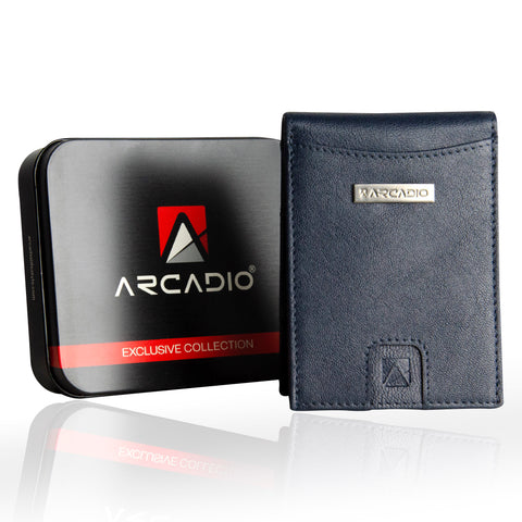 ARCADIO Money Clip Blue Textured Leather Bi-Fold RFID Protected Card Holder with Money Clipper Slim Wallet for Men Unique Birthday Anniversary Gift