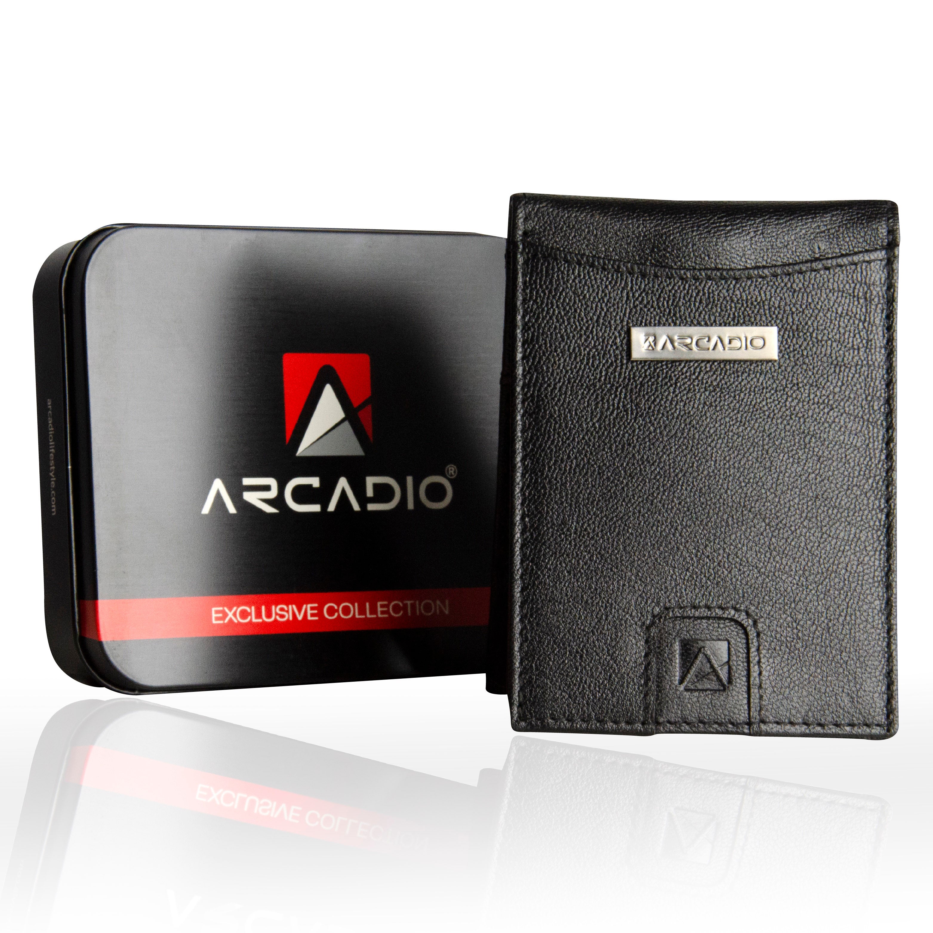 ARCADIO Money Clip Black Textured Leather Bi-Fold RFID Protected Card Holder with Money Clipper Slim Wallet for Men Unique Birthday Anniversary Gift