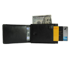 ARCADIO Magneto Money Clip Wallet - Black Leather Bi-Fold RFID Protected Card Holder Slim Magnetic Money Clip Wallet for Men