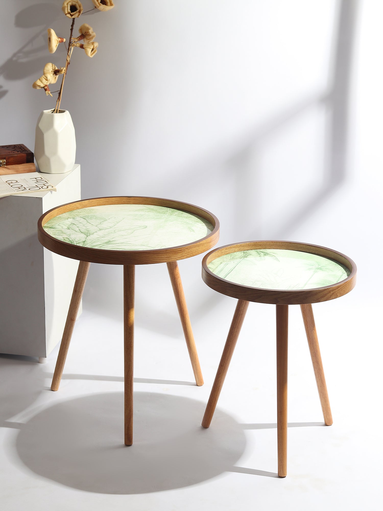 De Maison Decor Round Wooden Side Table Set of 2 -  Brown & White 