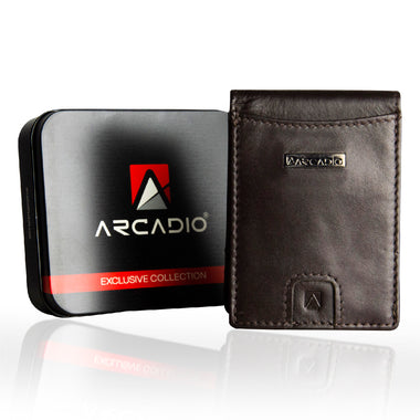 ARCADIO Money Clip Brown Soft Leather Bi-Fold RFID Protected Card Holder with Money Clipper Slim Wallet for Men Unique Birthday Anniversary Gift