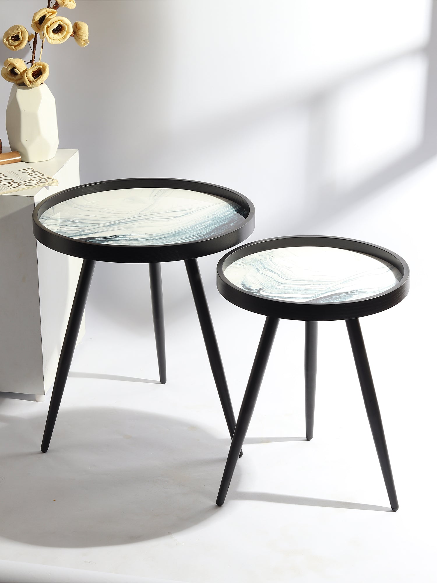 De Maison Decor Oceara Wooden Round Side Table - Set of 2 - Black Wood & White