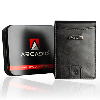 ARCADIO Money Clip Black Soft Leather Bi-Fold RFID Protected Card Holder with Money Clipper Slim Wallet for Men Unique Birthday Anniversary Gift