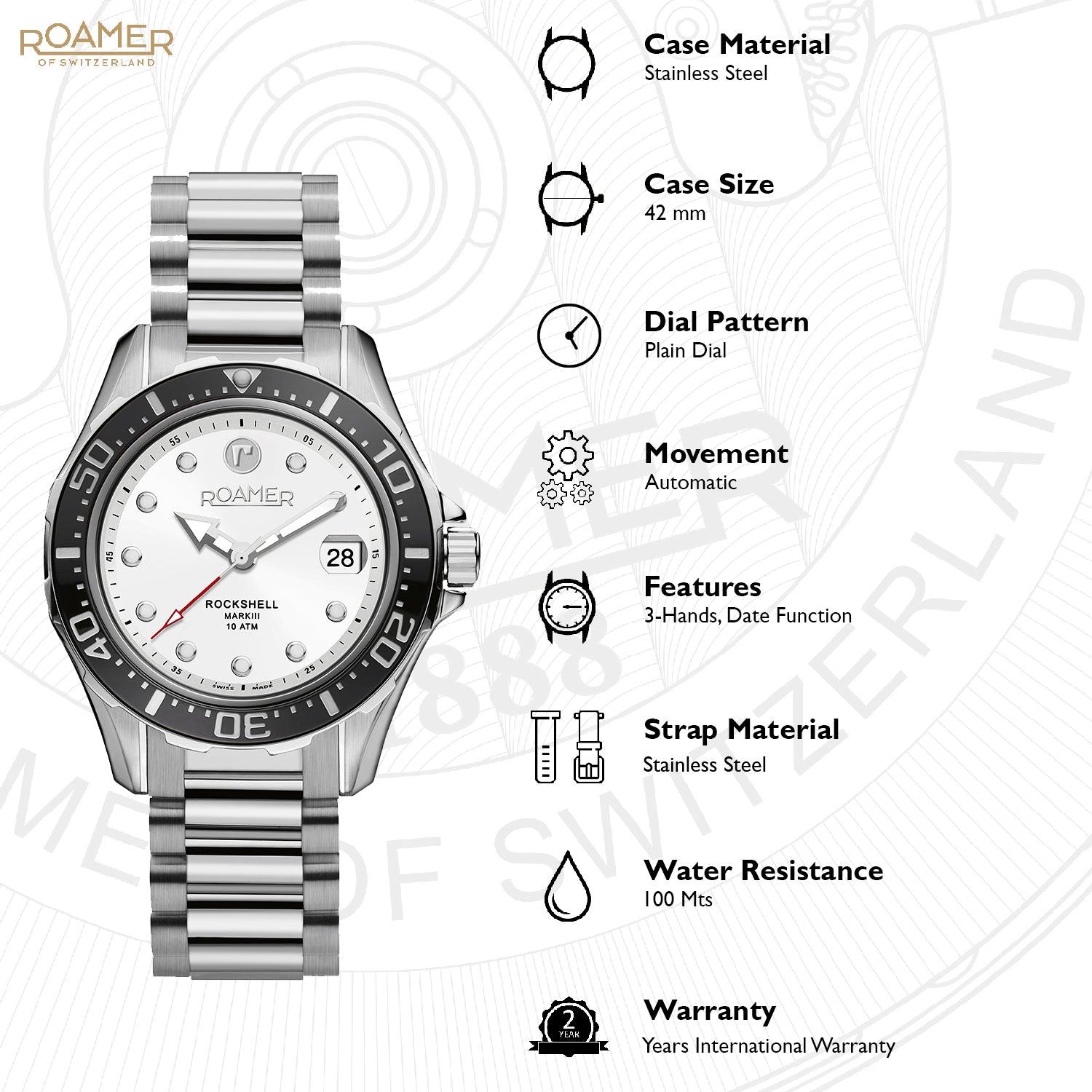 Roamer Rockshell Mark III Analog White Round Dial Men's Watch - 220660 41 25 20
