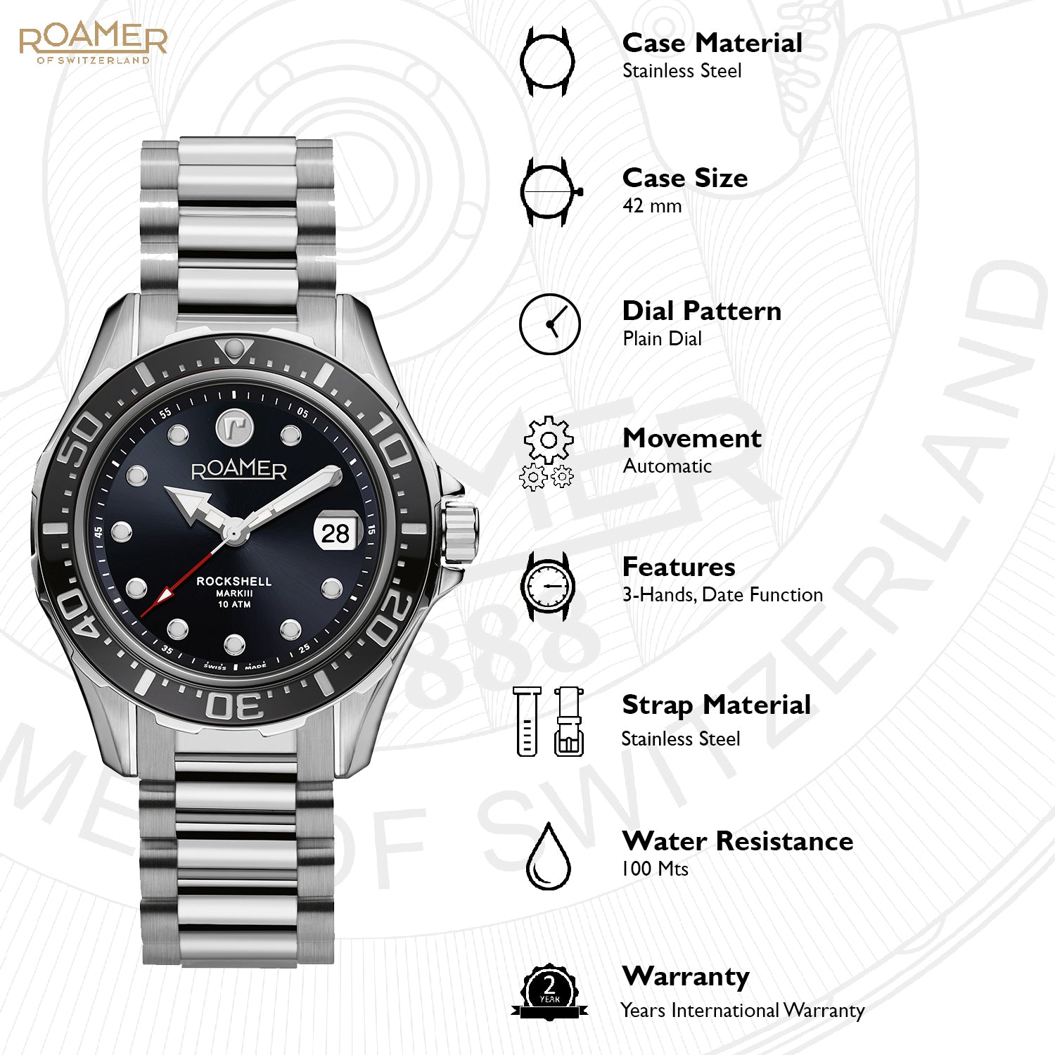 Roamer Rockshell Mark III Analog Black Round Dial Men's Watch - 220660 41 55 20
