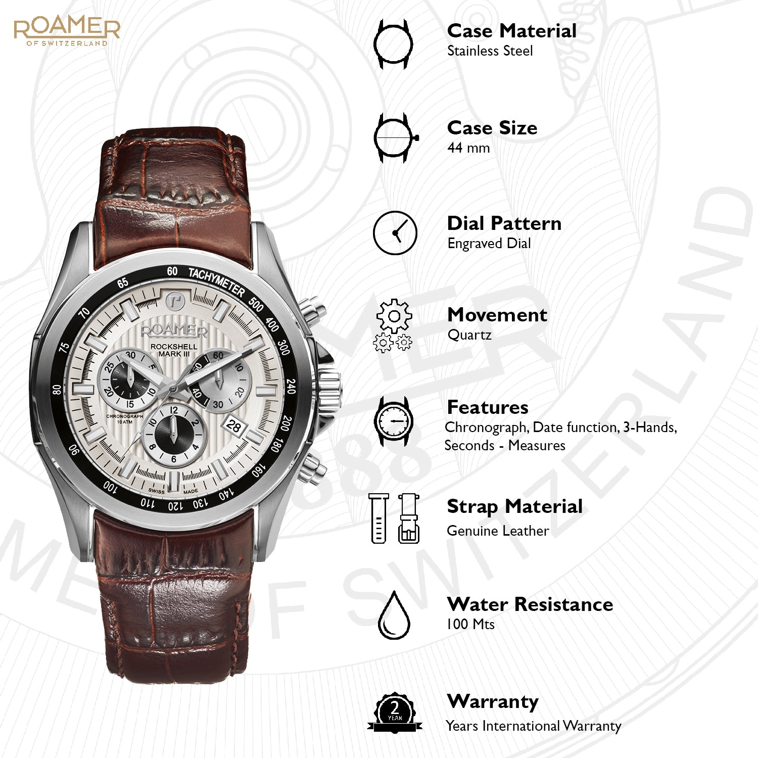 Roamer Rockshell Mark III Chrono Analog Silver Round Dial Men's Watch - 220837 41 15 02