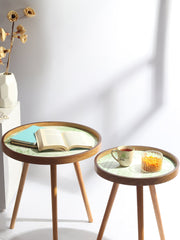 De Maison Decor Round Wooden Side Table Set of 2 -  Brown & White
