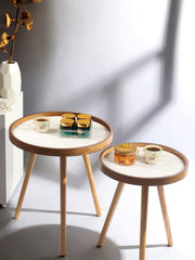 De Maison Decor Marwood Wooden Round Side Table Set of 2 - Brown Wood & White