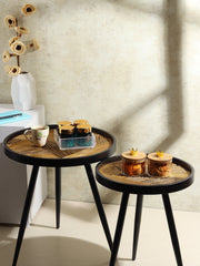 De Maison Decor Round Wooden Side Table Set of 2 -  Black & Brown