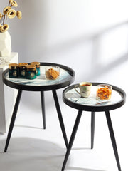 De Maison Decor Oceara Wooden Round Side Table - Set of 2 - Black Wood & White