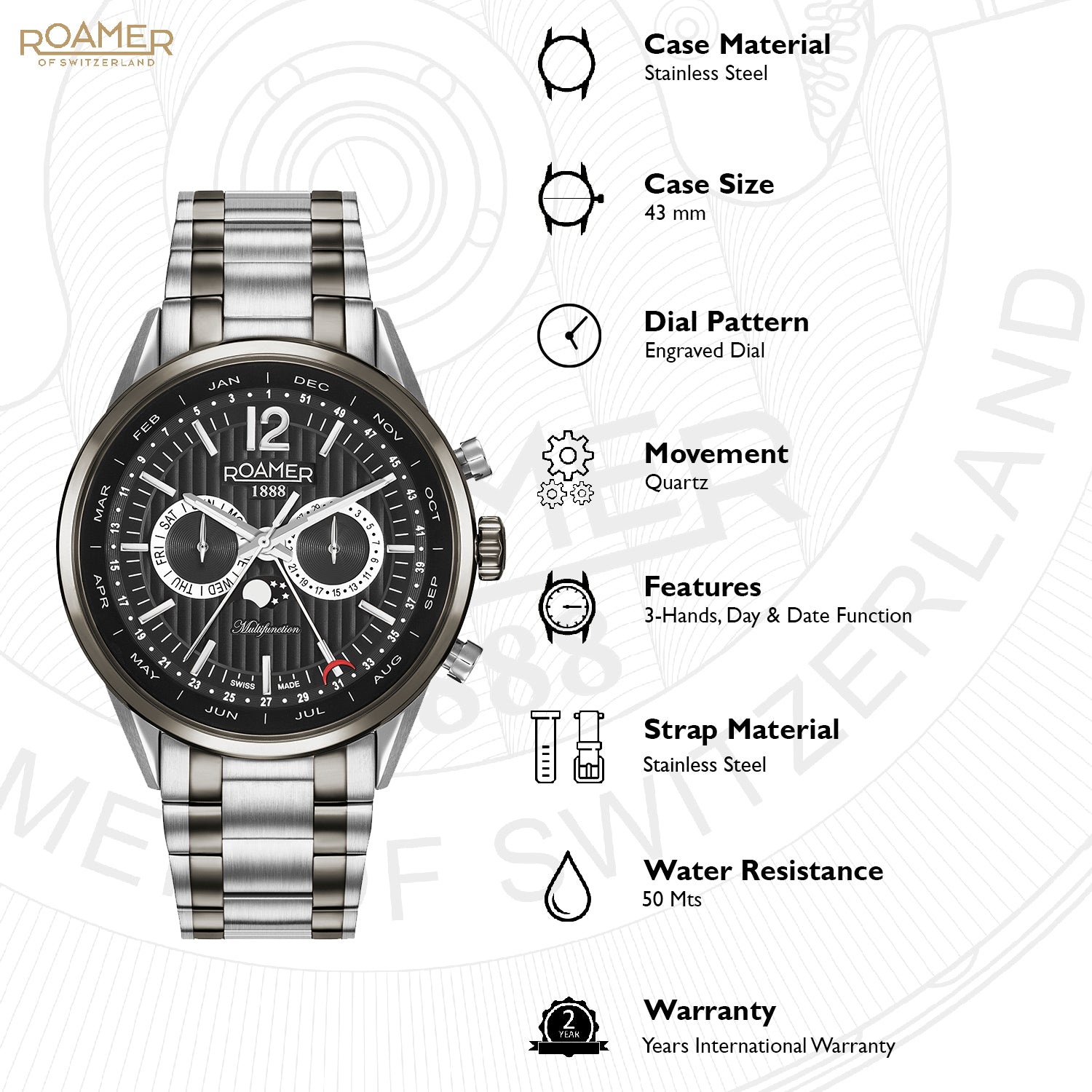 Roamer Superior Business Multifunction Analog Black Round Dial Men's Watch - 508822 40 54 50