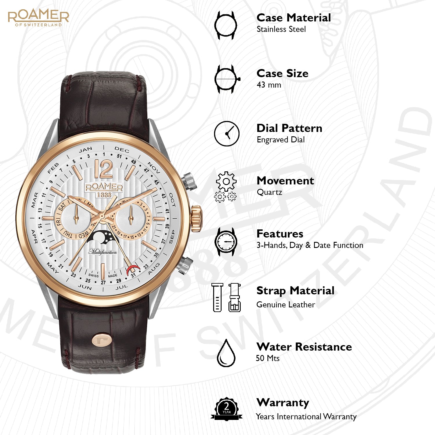 Roamer Superior Business Multifunction Analog Silver Round Dial Men's Watch - 508822 49 14 05