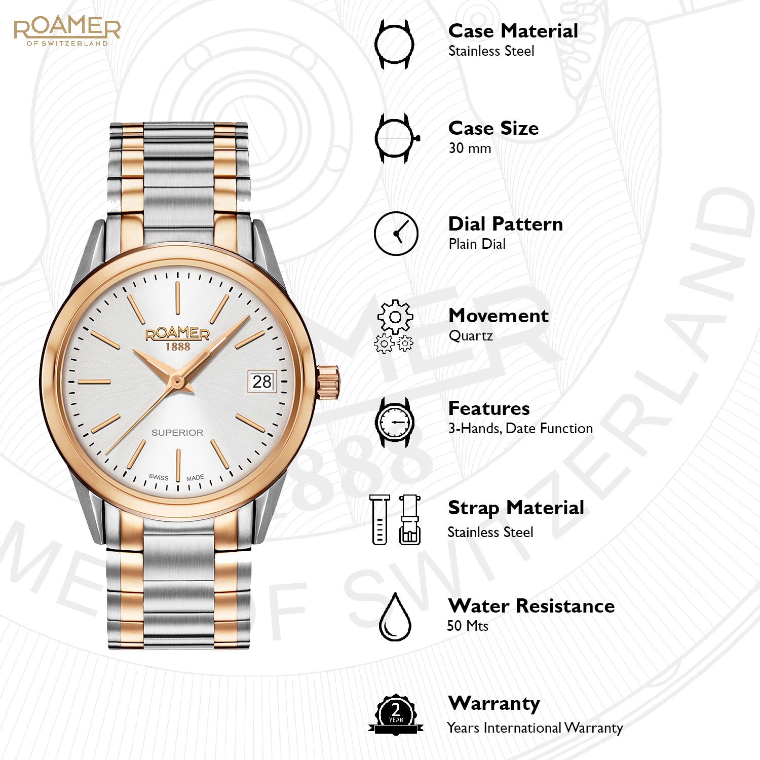 Roamer Superior 3H Ladies Analog Silver Round Dial Women's Watch - 508856 49 15 51