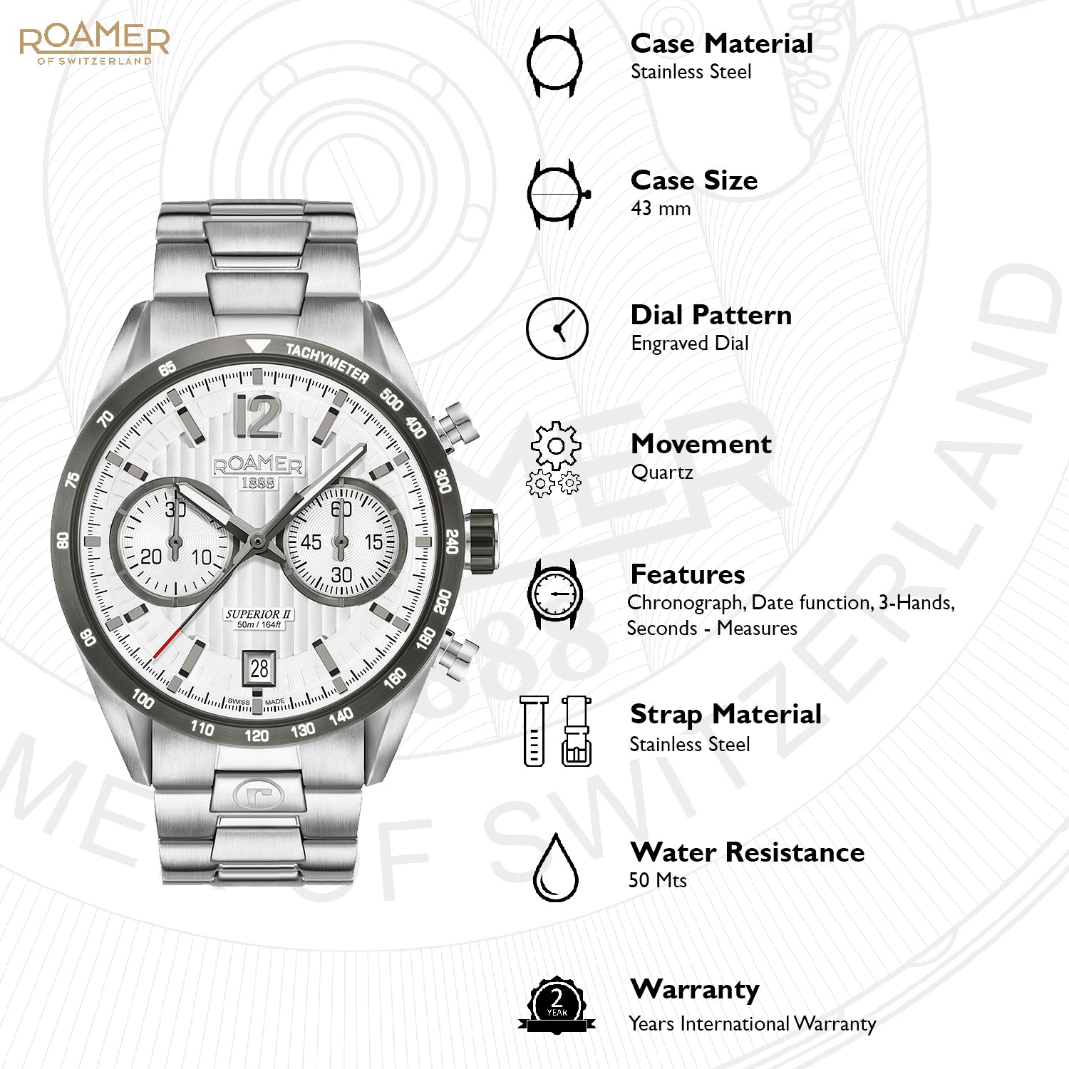 Roamer Superior Chrono II Analog Silver Round Dial Men's Watch - 510902 41 14 50