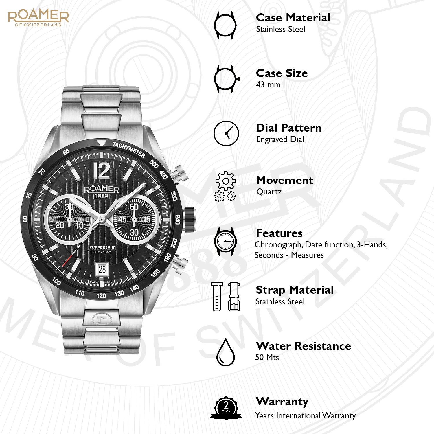 Roamer Superior Chrono II Analog Black Round Dial Men's Watch - 510902 41 54 50