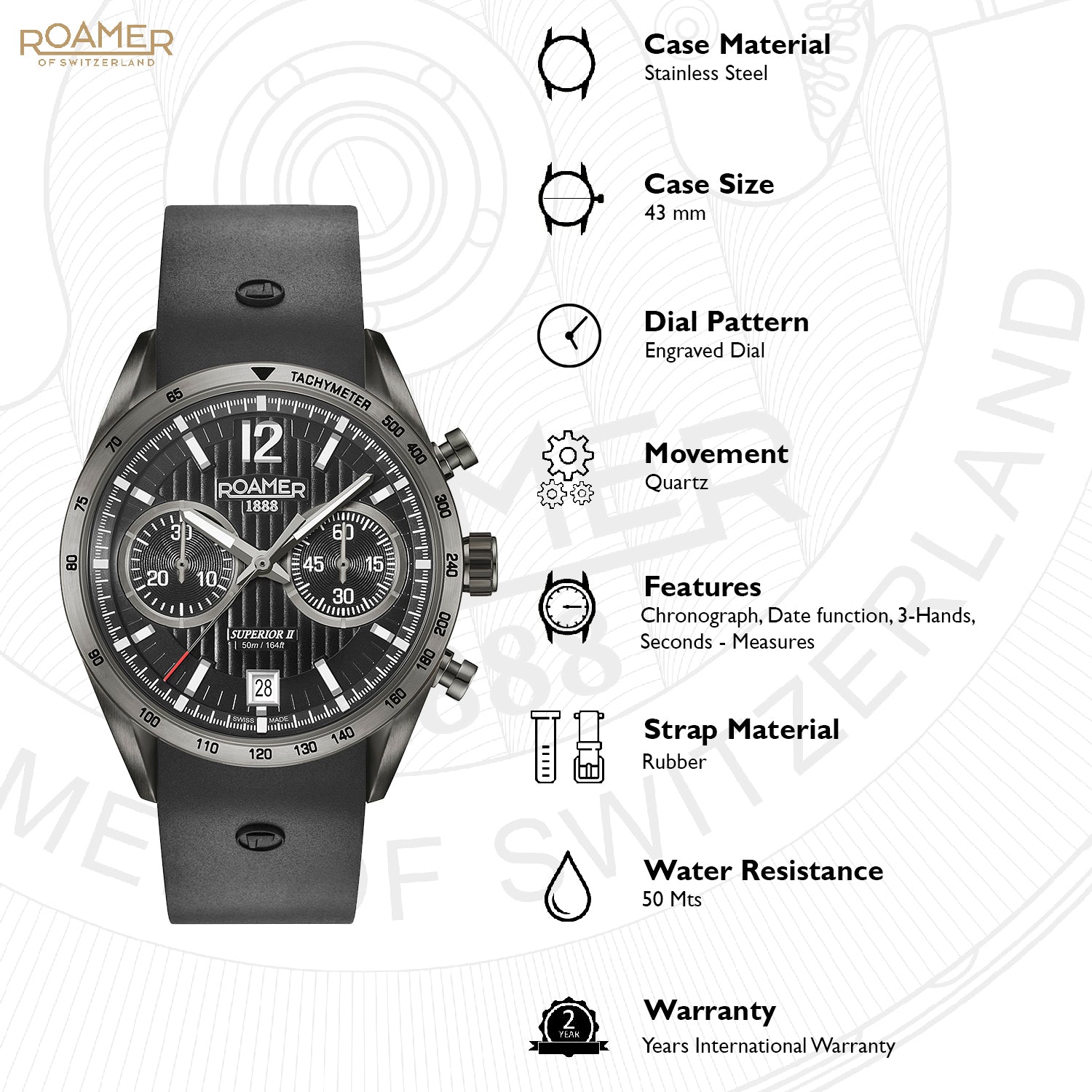 Roamer Superior Chrono II Analog Black Round Dial Men's Watch - 510902 45 54 05