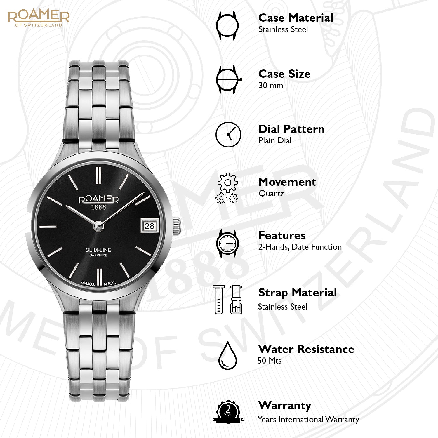 Roamer Slim-Line Classic Ladies Analog Black Round Dial Women's Watch - 512857 41 55 20