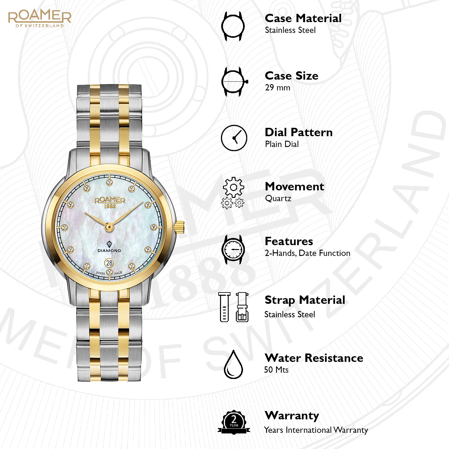 Roamer Superslender Ladies Analog White MOP Round Dial Women's Watch - 515811 47 29 50