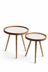 De Maison Decor Marwood Wooden Round Side Table Set of 2 - Brown Wood & White