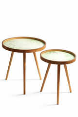 De Maison Decor Round Wooden Side Table Set of 2 -  Brown & White