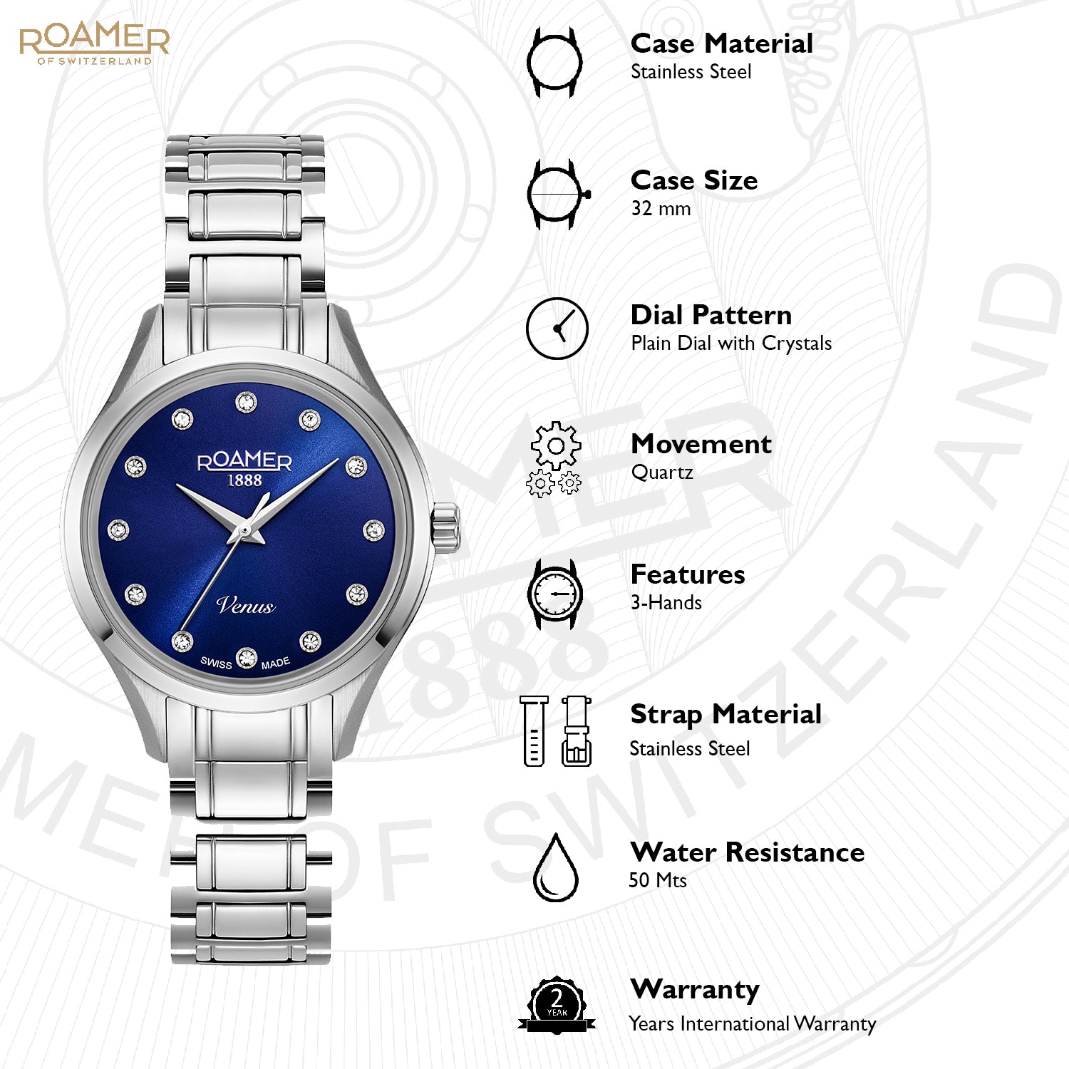 Roamer Venus Analog Blue Round Dial Women's Watch - 600847 41 49 60