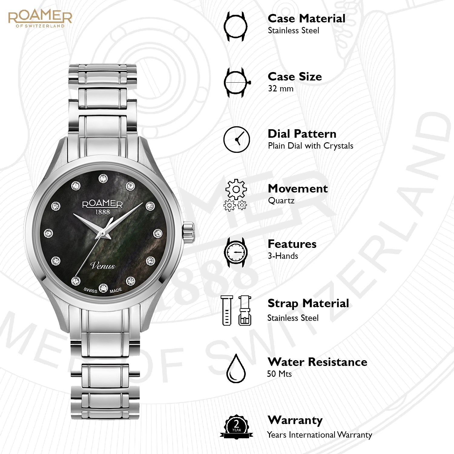 Roamer Venus Analog Black MOP Round Dial Women's Watch - 600847 41 59 60