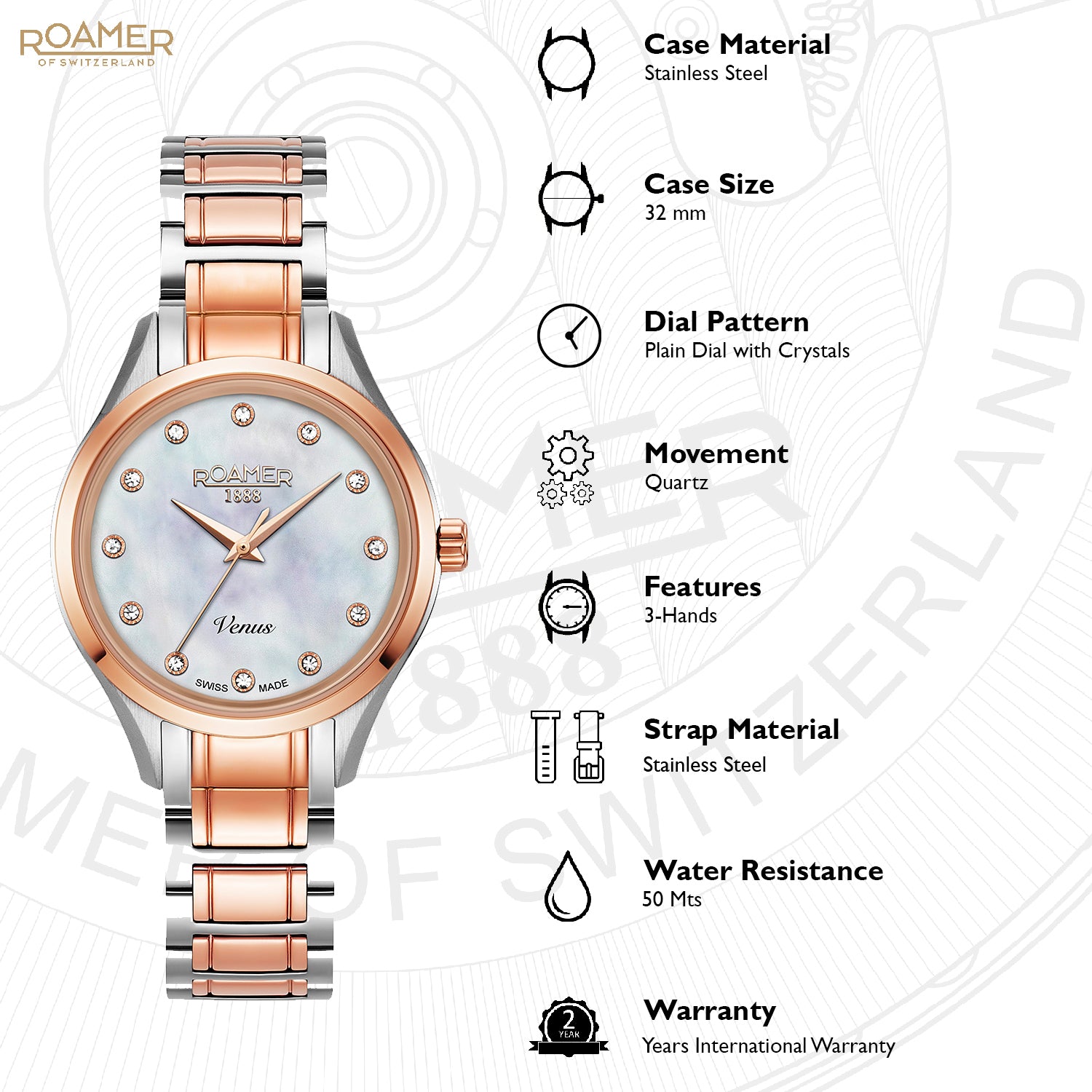 Roamer Venus Analog White MOP Round Dial Women's Watch - 600847 47 29 60