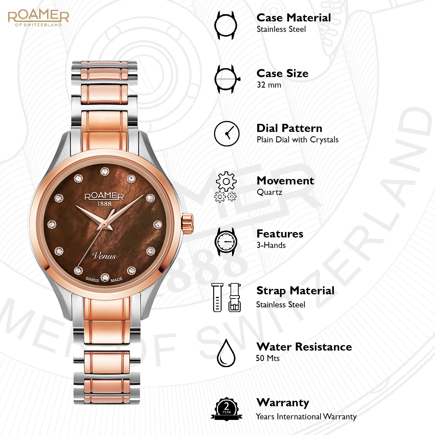 Roamer Venus Analog Brown MOP Round Dial Women's Watch - 600847 47 69 60