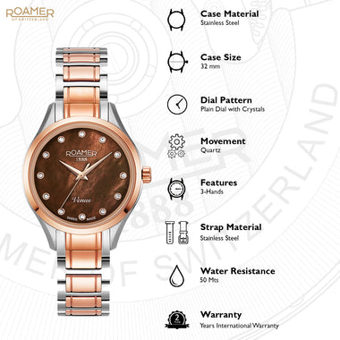 Roamer Venus Analog Brown MOP Round Dial Women's Watch - 600847 47 69 60