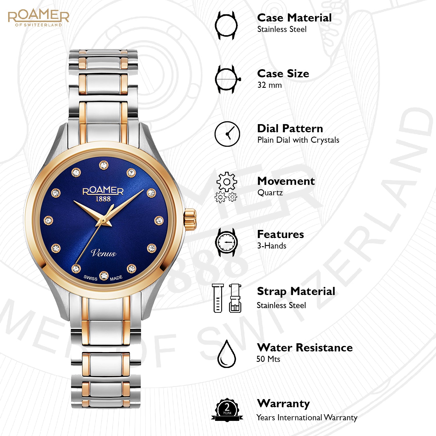 Roamer Venus Analog Blue Round Dial Women's Watch - 600847 48 49 60