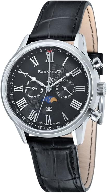 EARNSHAW OFFICER Swiss Made Multifunction Black Round Dial Men's Watch - ES-0017-01