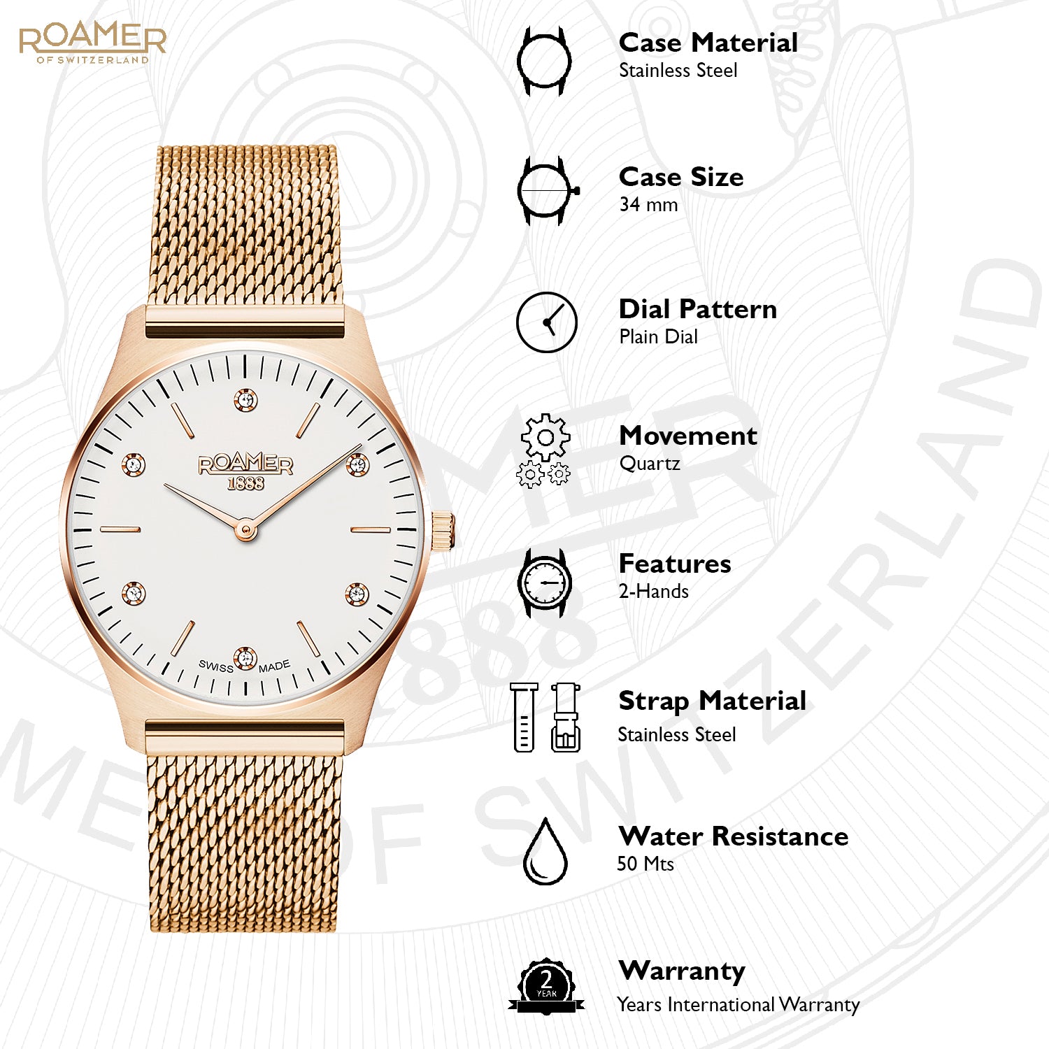 Roamer Elements Crystal Ladies Analog Rose Round Dial Women's Watch - 650815 49 15 90