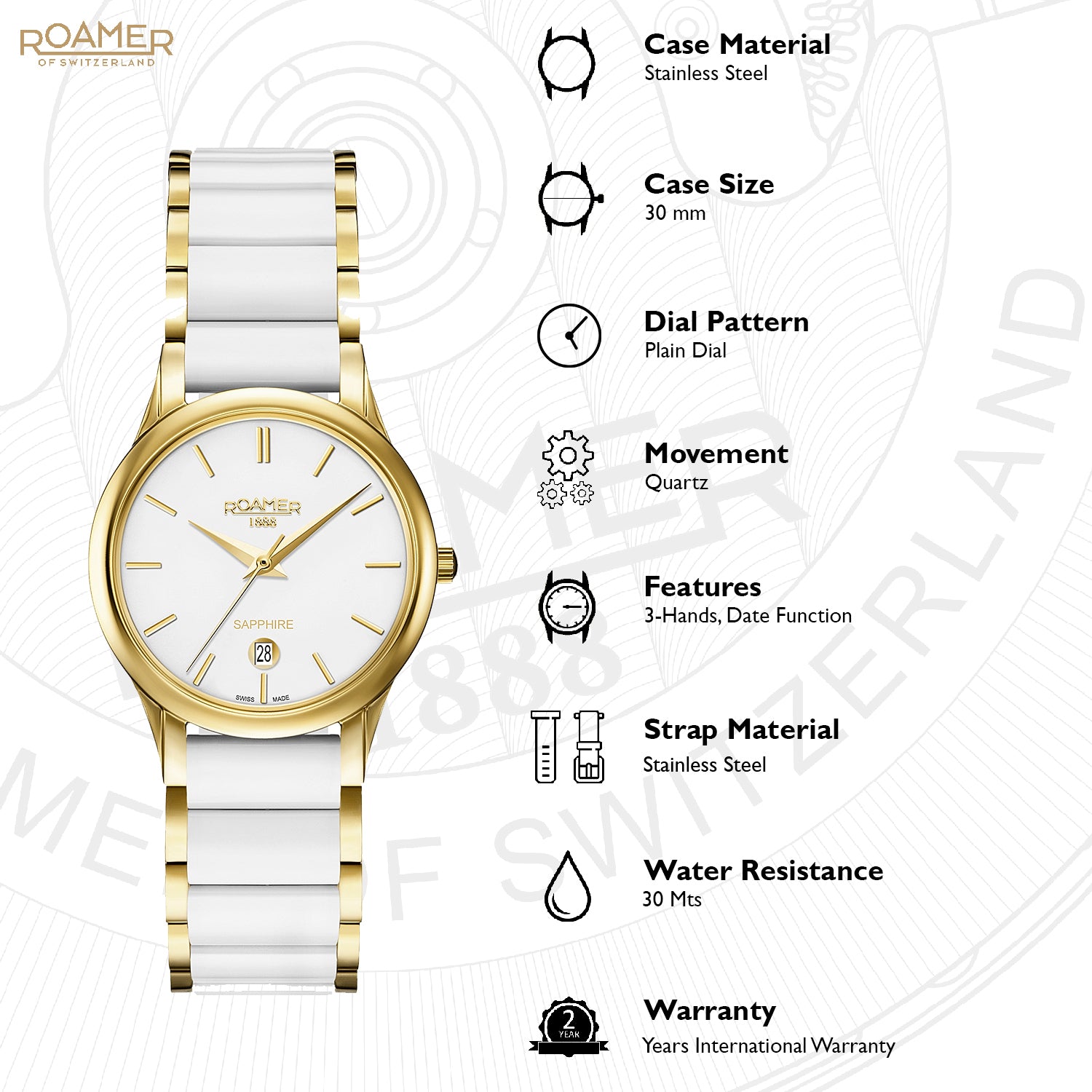 Roamer C-Line Ladies Analog White Round Dial Women's Watch - 657844 48 25 60