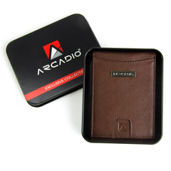 ARCADIO Money Clip Brown Textured Leather Bi-Fold RFID Protected Card Holder with Money Clipper Slim Wallet for Men Unique Birthday Anniversary Gift