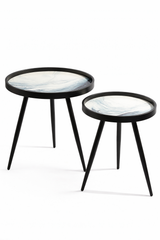 De Maison Decor Oceara Wooden Round Side Table - Set of 2 - Black Wood & White