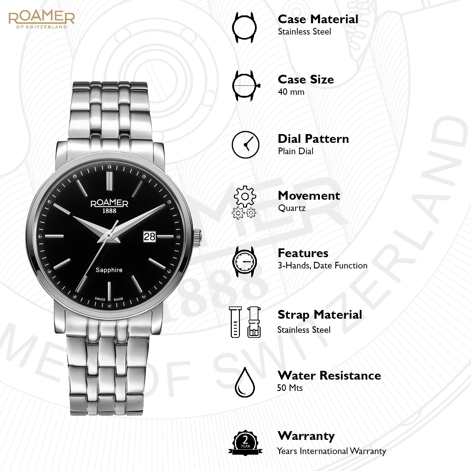 Roamer Classic Line Gents Analog Black Round Dial Men's Watch - 709856 41 55 70