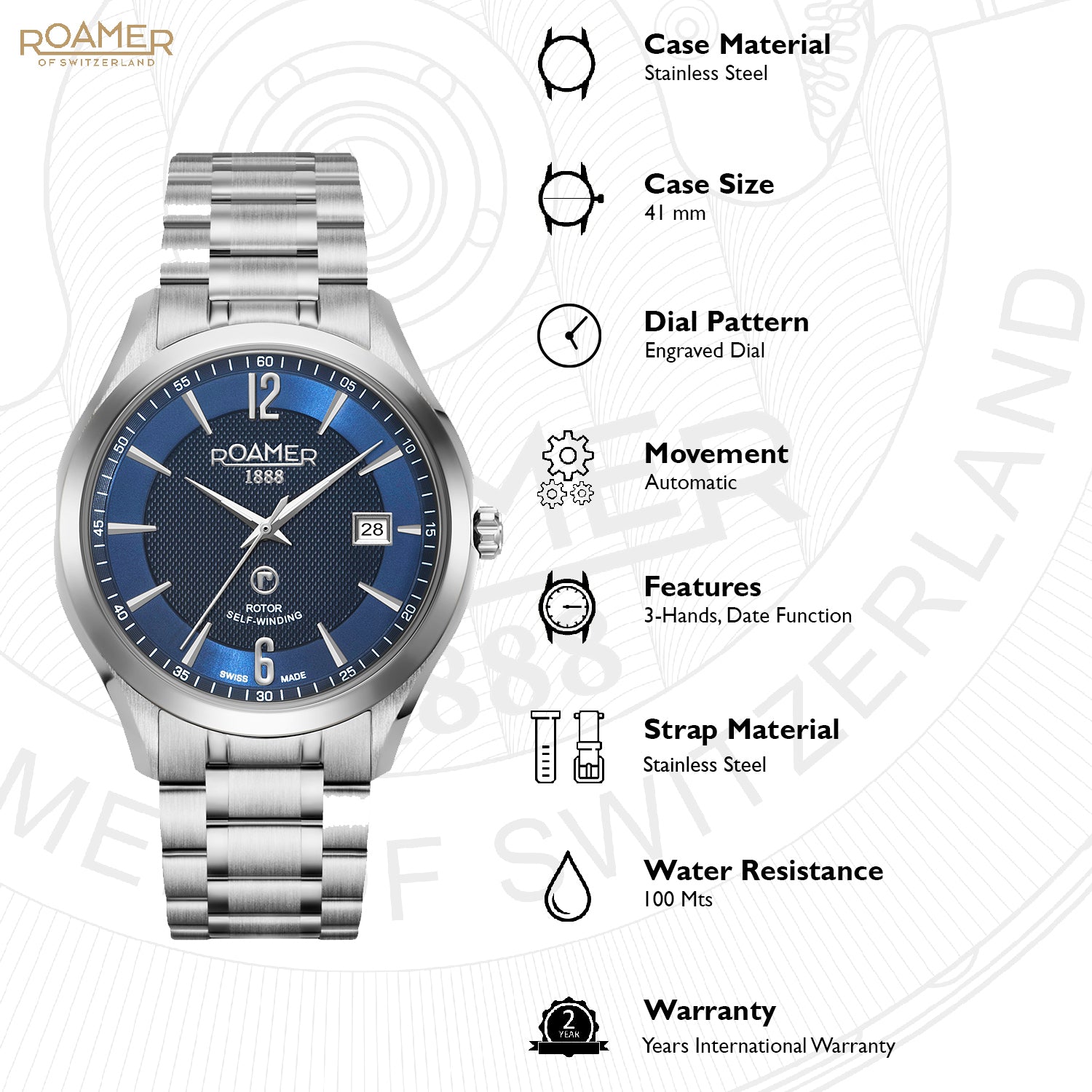 Roamer Mechaline Pro Analog Blue Round Dial Men's Watch - 953660 41 44 90
