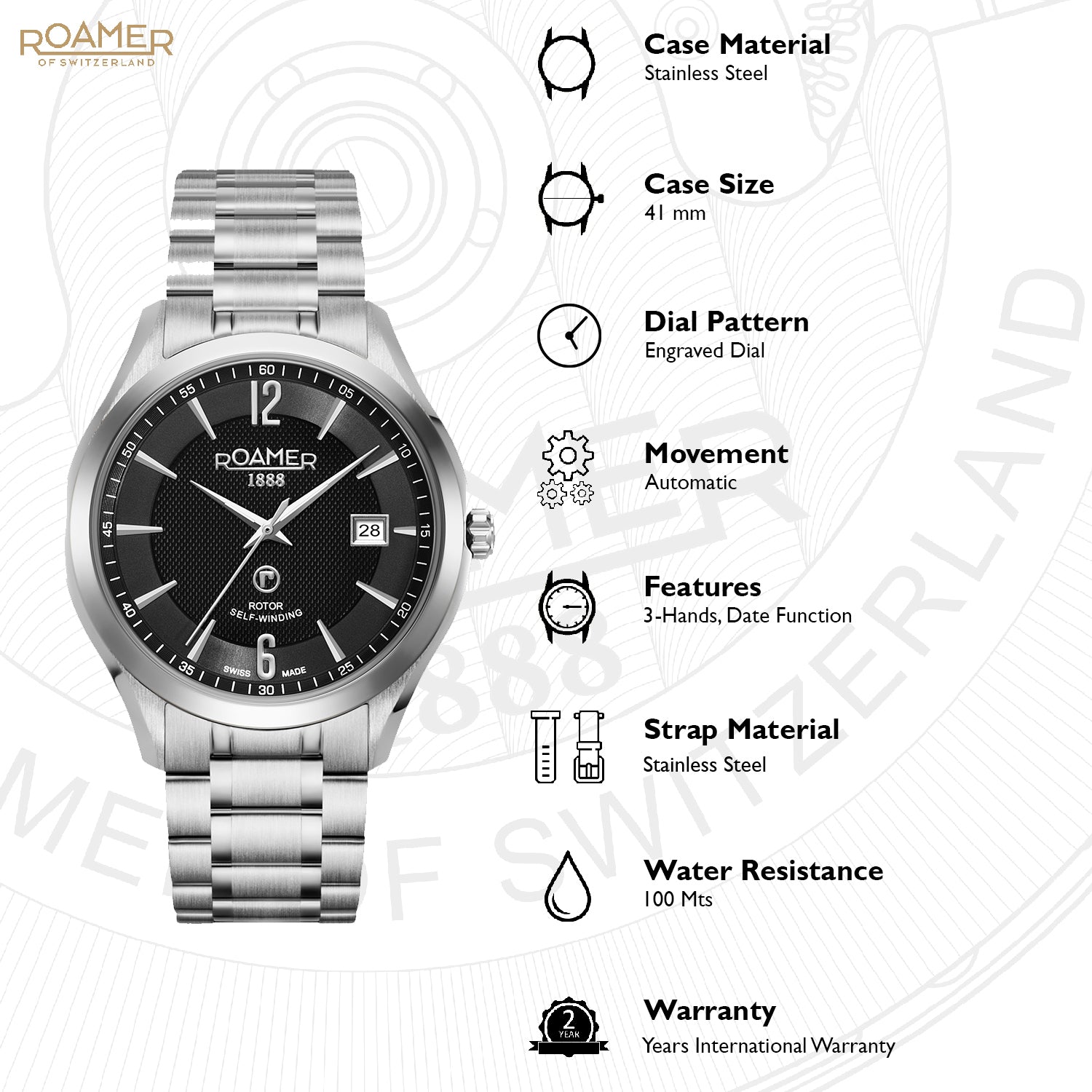 Roamer Mechaline Pro Analog Black Round Dial Men's Watch - 953660 41 54 90