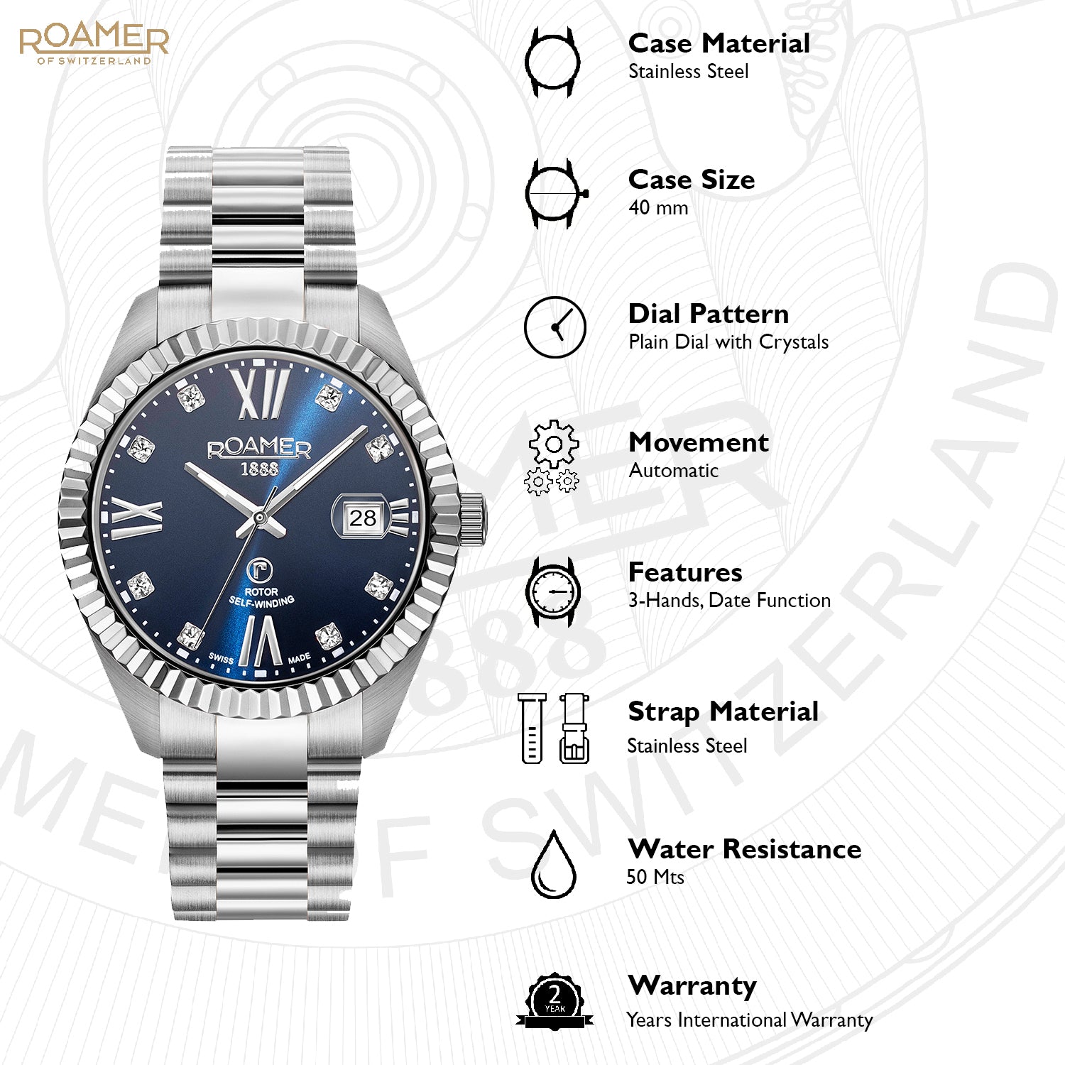 Roamer Primeline Crystal Automatic Blue Round Dial Men's Watch - 981661 41 49 90