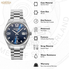 Roamer Primeline Crystal Automatic Blue Round Dial Men's Watch - 981661 41 49 90