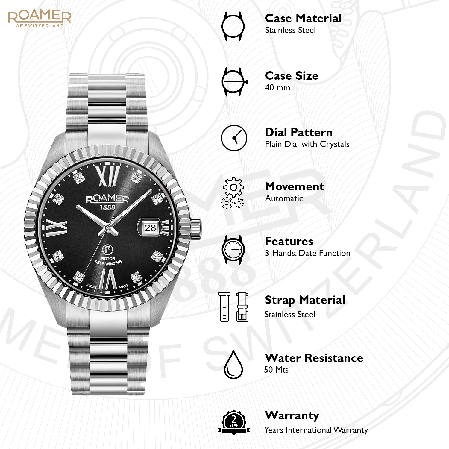 Roamer Primeline Crystal Automatic Black Round Dial Men's Watch - 981661 41 59 90