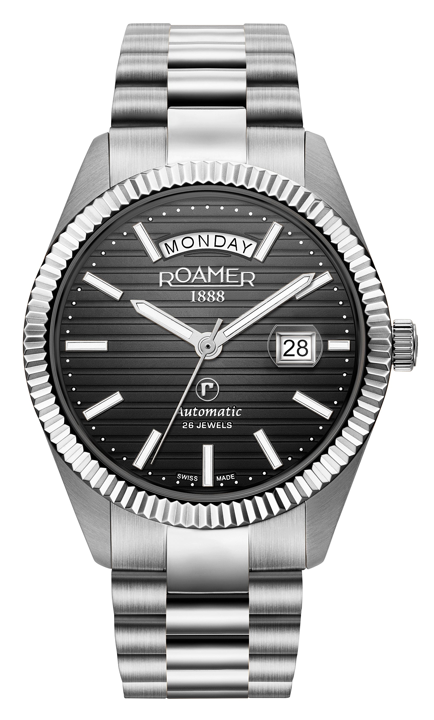 Roamer Primeline Daydate II Automatic Black Pattern Round Dial Men's Watch - 981666 41 85 50