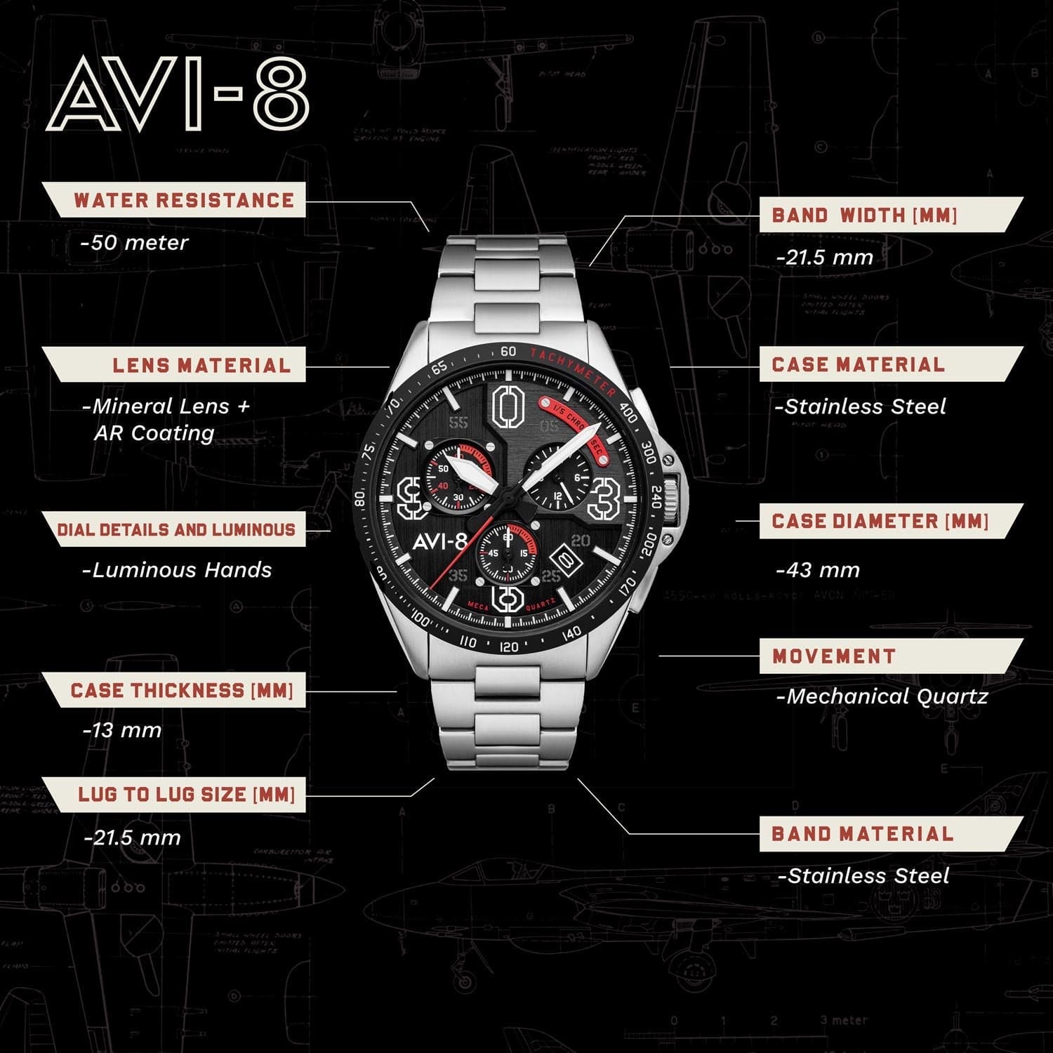 AVI-8 P-51 Mustang Chronograph Men's Watch - AV-4077-22