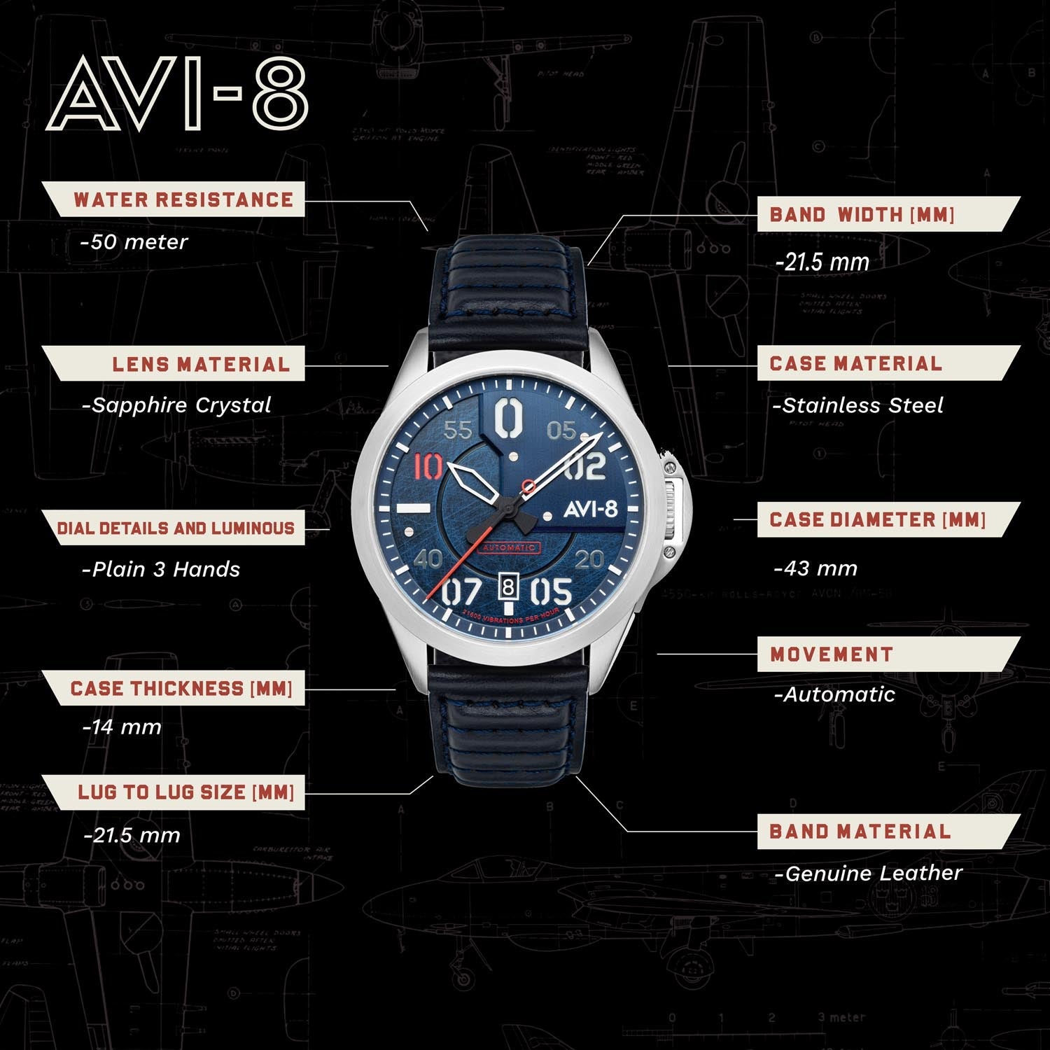 AVI-8 P-51 Mustang Automatic Men's Watch - AV-4086-02