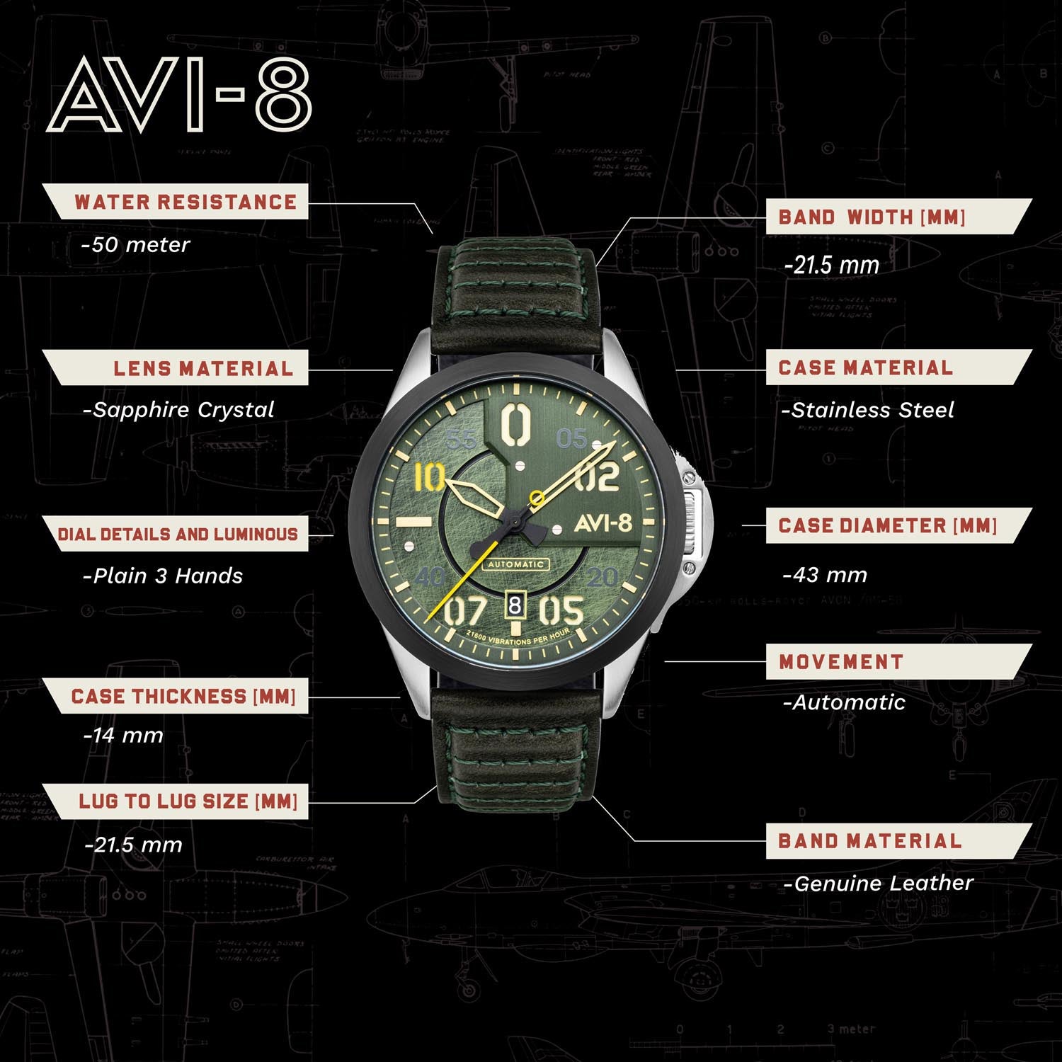 AVI-8 P-51 Mustang Automatic Men's Watch -  AV-4086-03