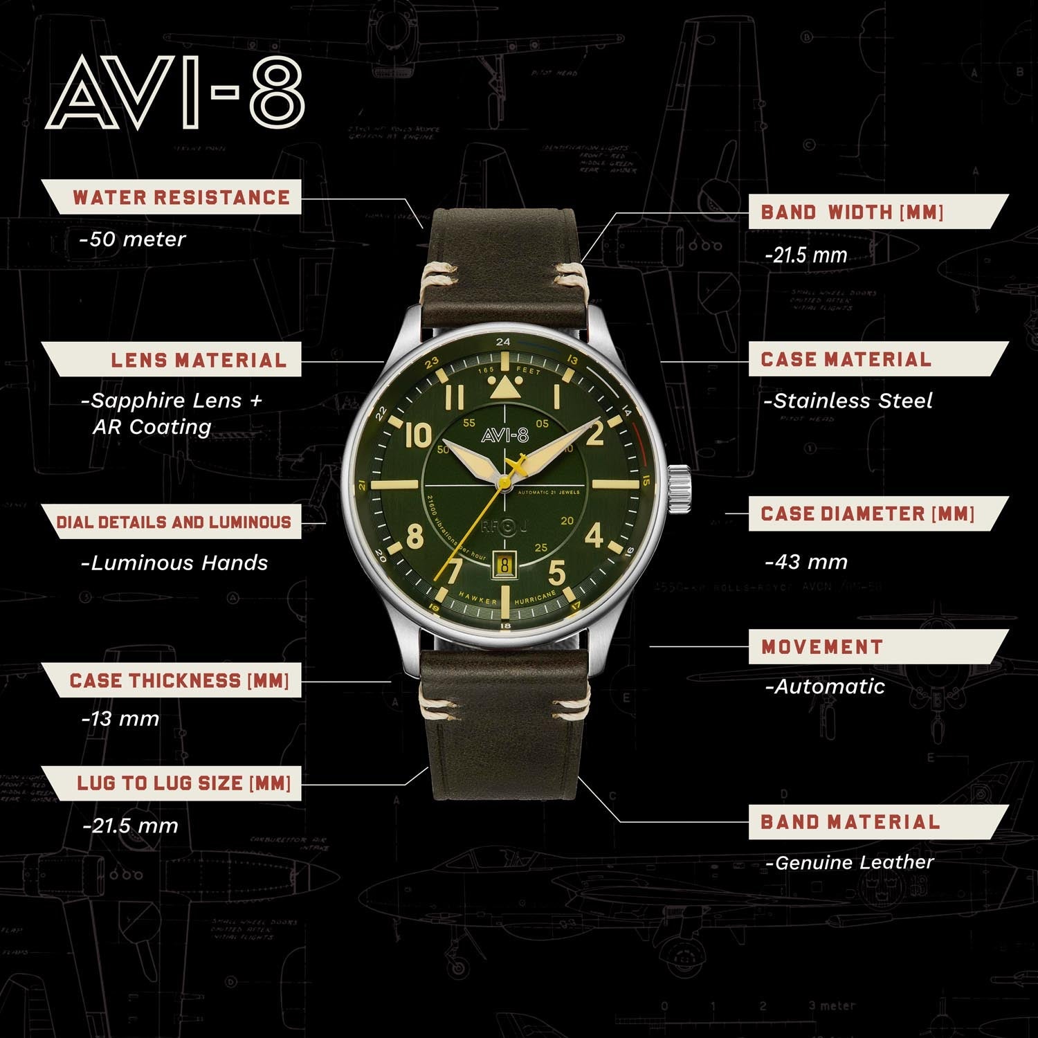 AVI-8 Hawker Hurricane Automatic Men's Watch - AV-4094-03