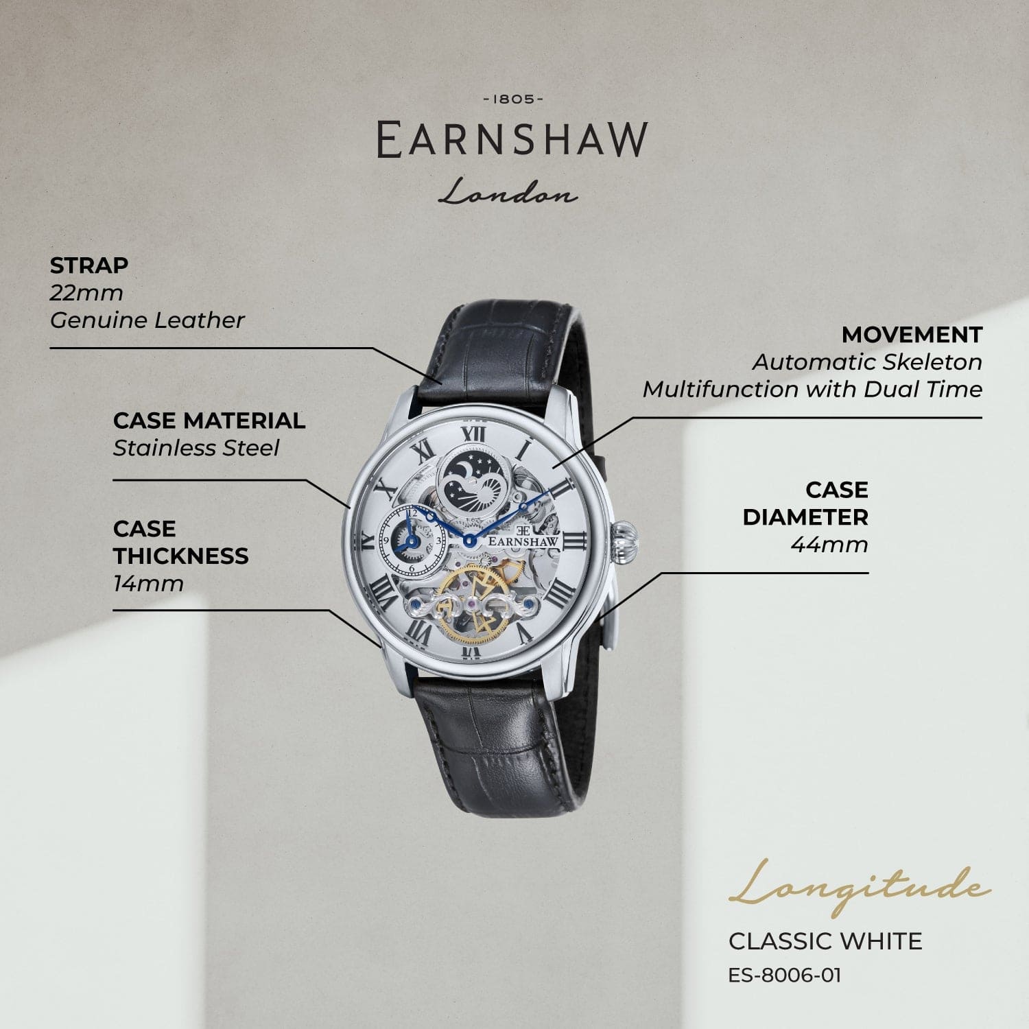 Earnshaw Longitude Dual Time Men's Watch -  ES-8006-01