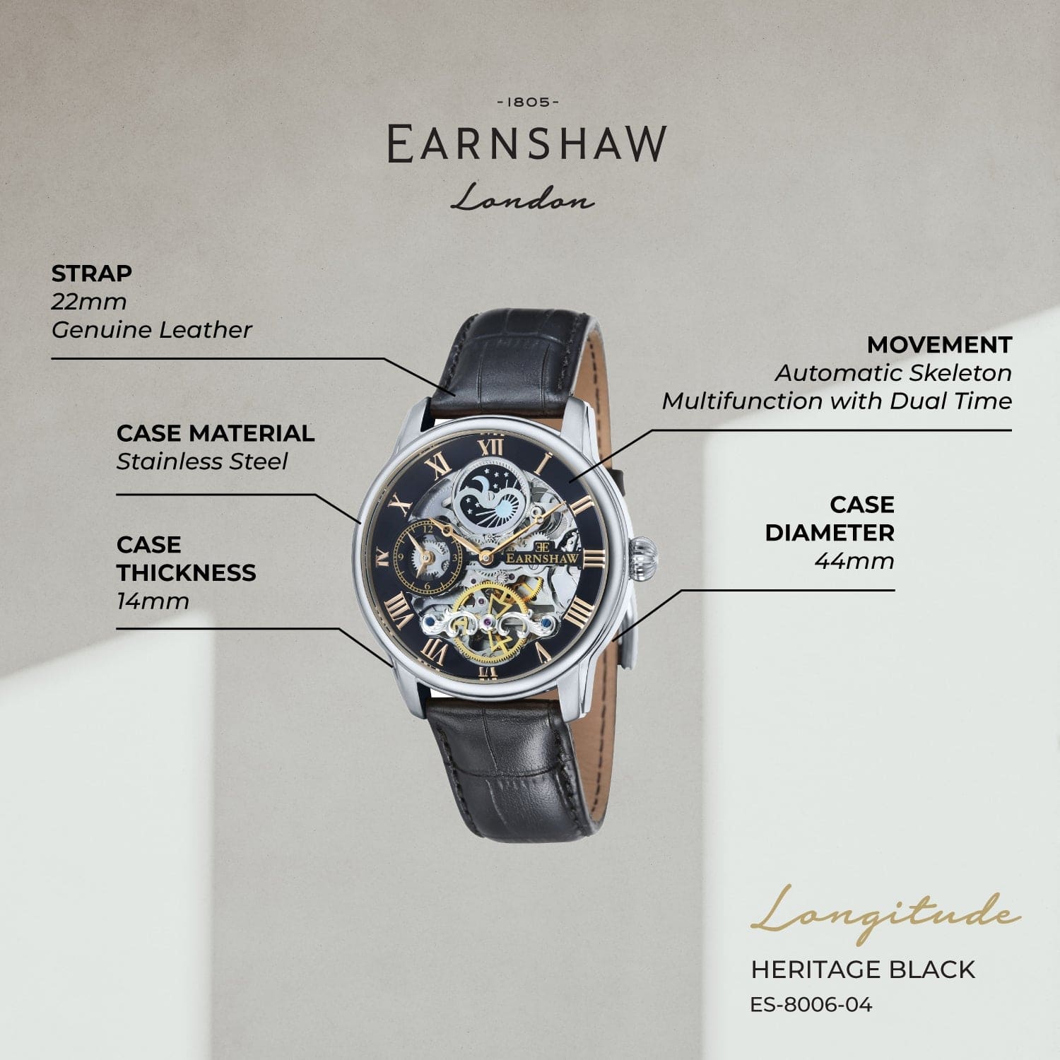 Earnshaw Longitude Dual Time Men's Watch -  ES-8006-04