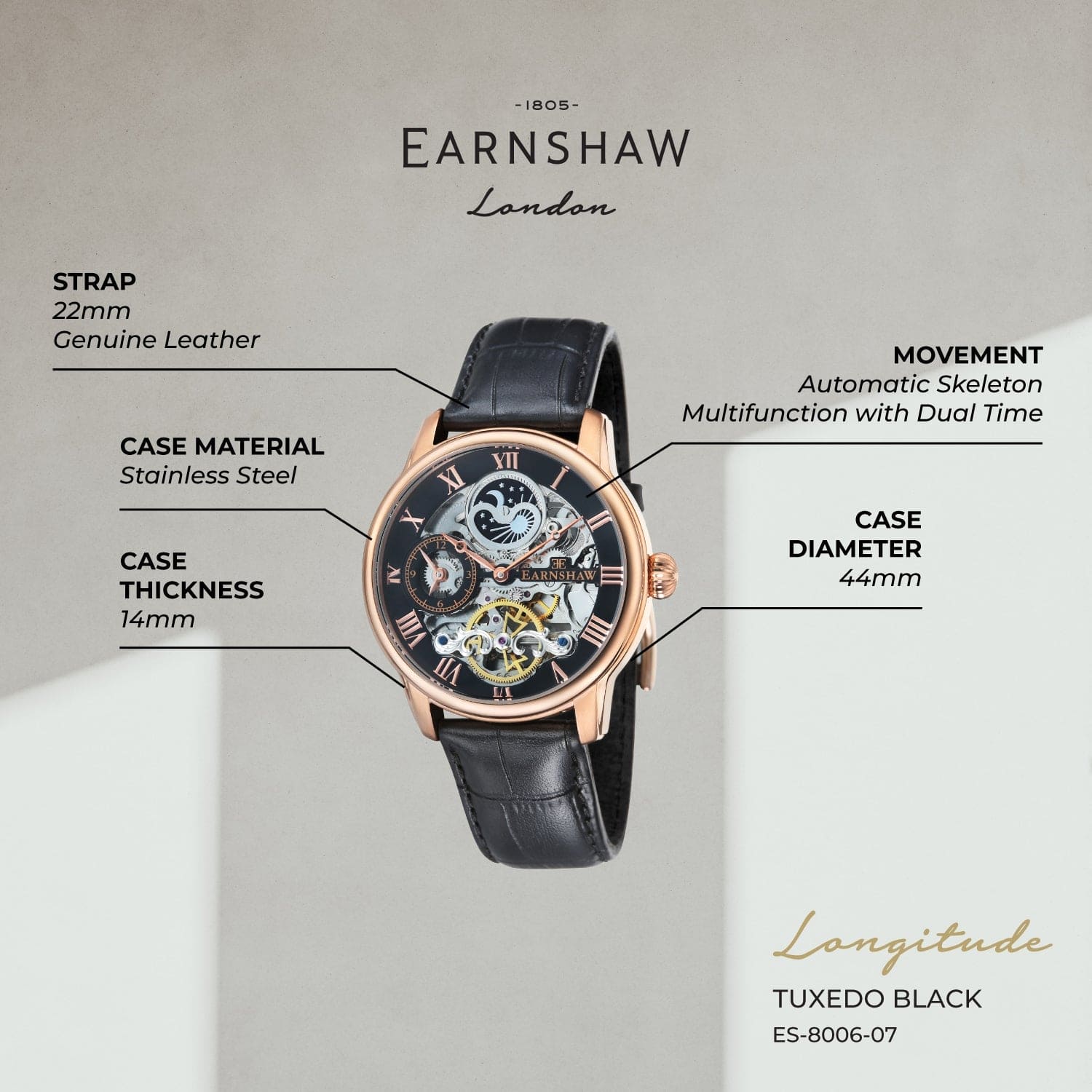 Earnshaw Longitude Dual Time Men's Watch -  ES-8006-07